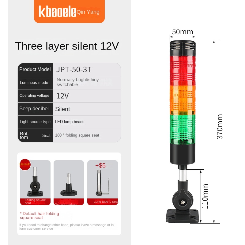 [LTA-505] 3 TẦNG IM LẶNG NHẤP NHÁY 12V Đèn Cảnh Báo LED Đa Tầng Kbaoele | 1-5 Tầng | 12V/24V/220V Có/Không Âm Thanh | Máy CNC & Tự Động Hóa