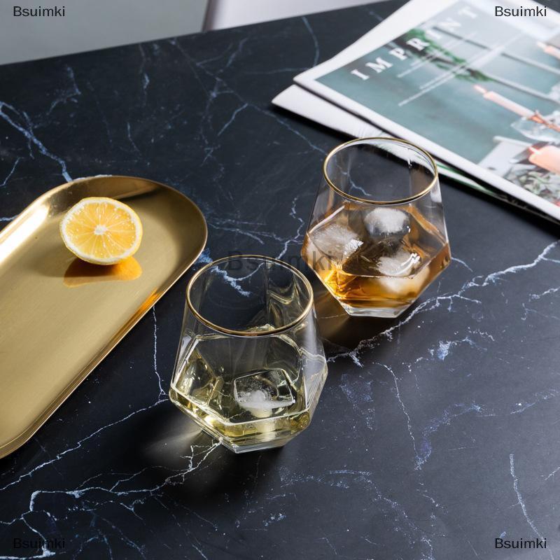 [COD] Bsuimki Phong cách Châu Âu Vàng lưỡi nhựa lục giác hộ gia đình trong suốt Whisky thủy tinh lục giác nước ngoài Rượu Thủy Tinh