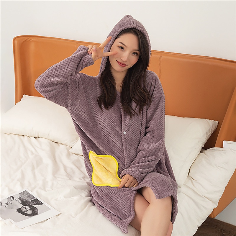 Phụ nữ mới lông cừu trùm đầu Áo choàng tắm Nhẹ Vải nhung mềm mại ngủ trùm đầu lông cừu Áo choàng tắm quần áo ngủ đêm sang trọng
