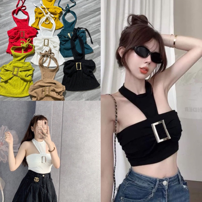 Áo kiểu nữ cổ yếm form body croptop phối nhiều màu chất vải thun xốp Free Size