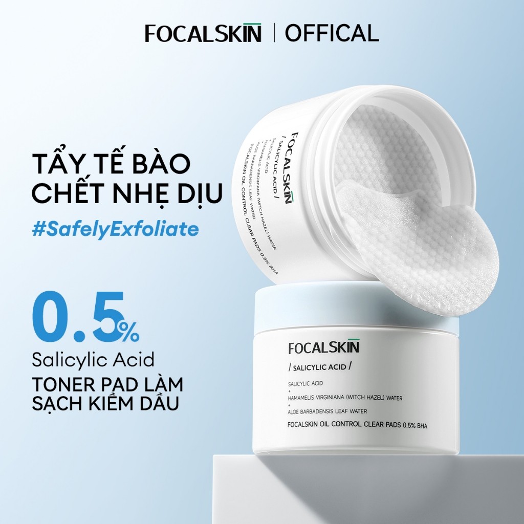 2452Focalskin Toner Pad Tẩy tế bào chết BHA / SALICYLIC ACID Kiểm soát dầu Giảm mụn đầu đen và mụn trứng cá ẩn |   Miếng lót mực tẩy tế bào chết 60 CÁI2555