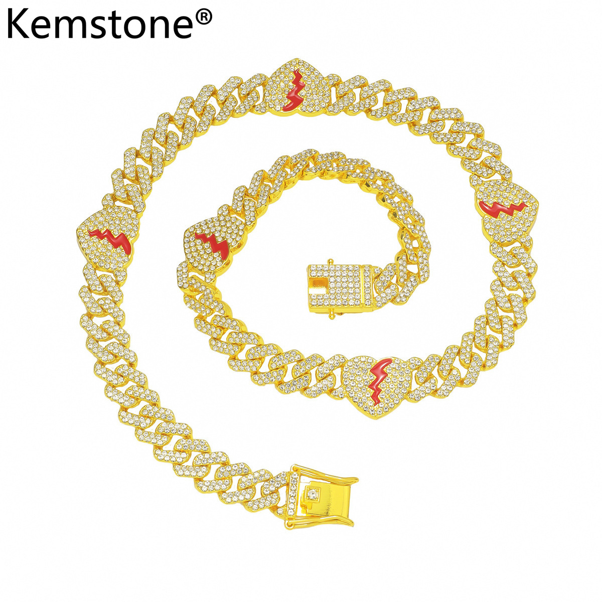 Kemstone Alloy Punk Broken Heart Love Cuban Chain Necklace Men's Trendy Zircon Cuban Link Bracelet ราคา 239 บาท*ส่งฟรี