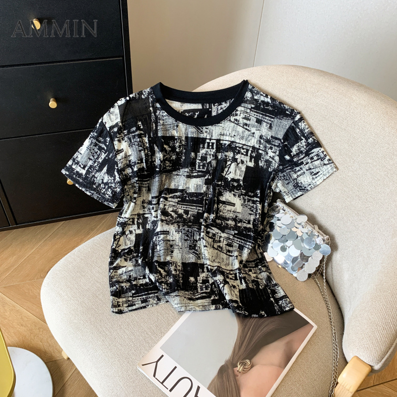 Ammin Áo thun cotton tay ngắn in graffiti rửa mực thời trang cổ tròn 2024 đơn giản Mới Mùa Hè Áo Blouse thanh lịch nữ thường ngày cổ điển phong cách Hàn Quốc