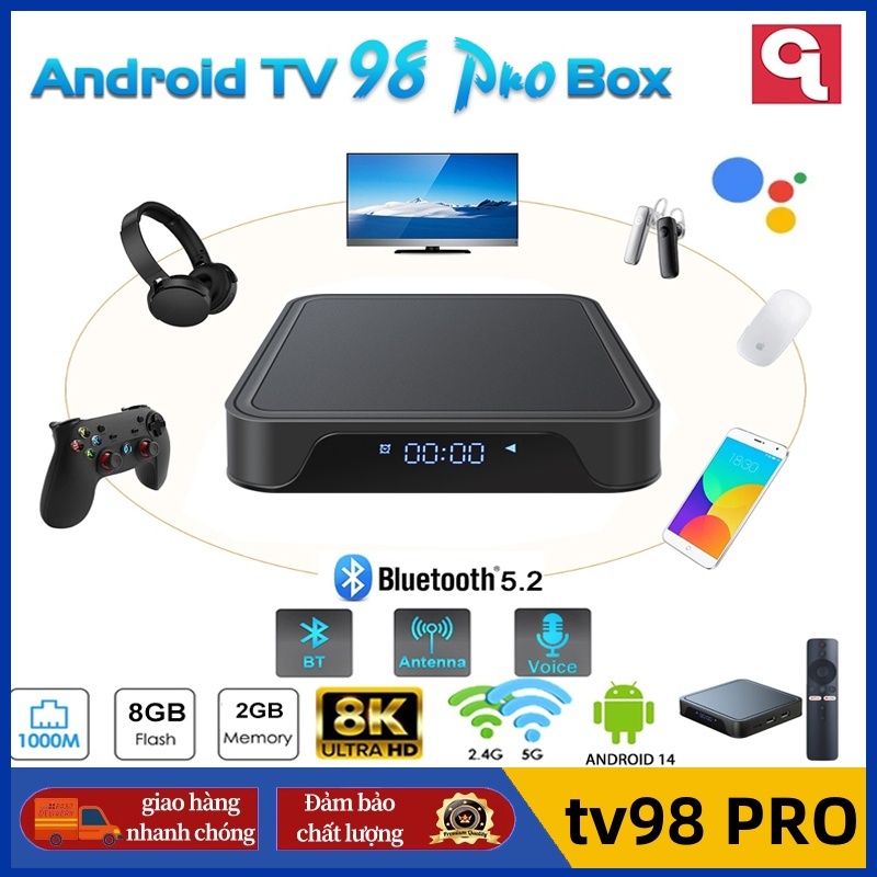 Android TV Box TV98pro 16 + 256GB, Android 14.0 8K WIFI băng tần kép, bao gồm điều khiển bằng giọng nói, kết nối Bluetooth, 300 kênh miễn phí + xem YouTube miễn phí