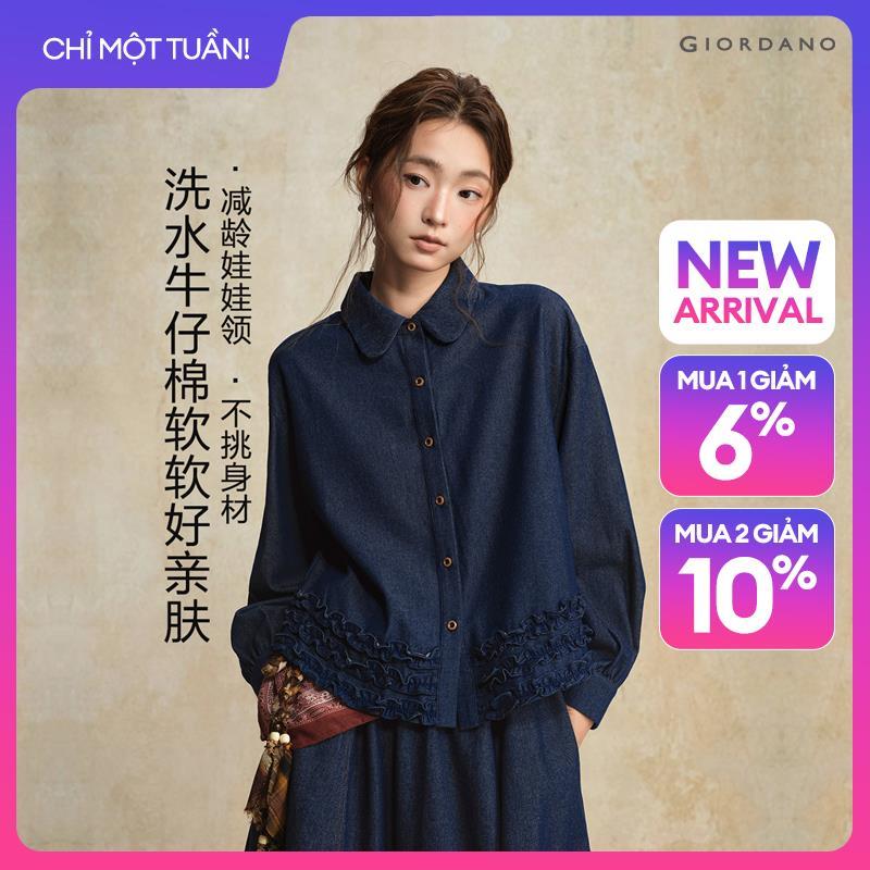 GIORDANO Women Shirts Ruffle Trims Denim Shirts Doll Collar Long Sleeve Fashionable Casual Loose Denim Shirts 18346229
