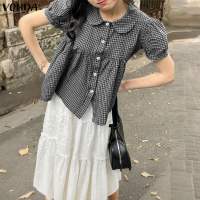 VONDA Korean Fashion Style Women Elegant Blouse For Casual Occasion Short Sleeve Plaid Checked Lapel Tunic Shirts #1008