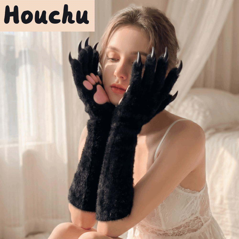 HOUCHU ขนยาว ถุงมือกรงเล็บแมว ยาว แผ่นซิลิโคนรองอุ้งเท้า ถุงมือผ้ากำมะหยี่ ตลก อุปกรณ์เสริมสำหรับชุดคอสเพลย์ ถุงมือป้องกันรอยขีดข่วนจากกรงเล็บสัตว์ ฮาโลวีน ราคา 525 บาท*ส่งฟรี