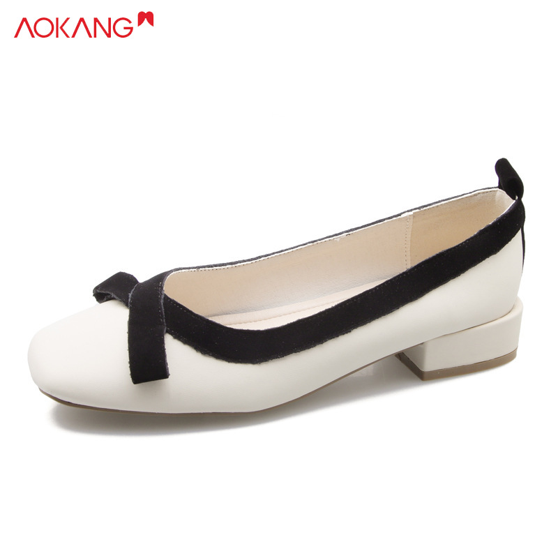 AOKANG New fashion small fragrant wind bowknot square toe shallow mouth