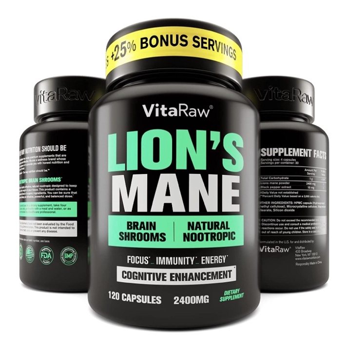 Viên chay Nấm Hầu Thủ liều cao Lion's Mane Vitaraw Tăng Trí Nhớ, Alzheimer 120v USA