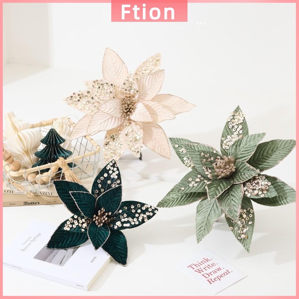 FTION Lấp lánh Hoa Poinsettia Nhân Tạo Đồ trang trí sequin 25CM Hoa lấp lánh Giáng sinh Hoa Giáng sinh tự làm Trang trí Giáng sinh