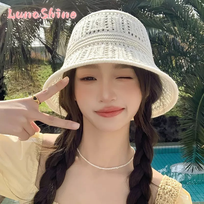 LunaShine| 2026 New Knitted Bucket Hat for Women, Breathable Hollow Design, Cute Style for Spring Summer Sun Protection ราคา 40 บาท*ส่งฟรี