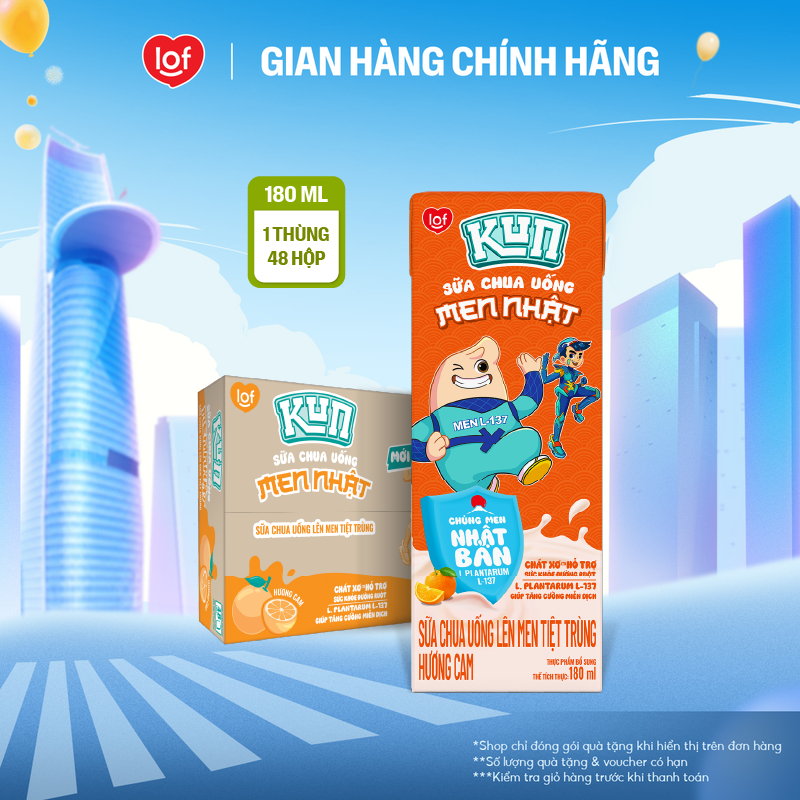 Sữa chua uống KUN vị cam thùng 48 hộp x 180ml (Có thể nhận bao bì cũ/mới)