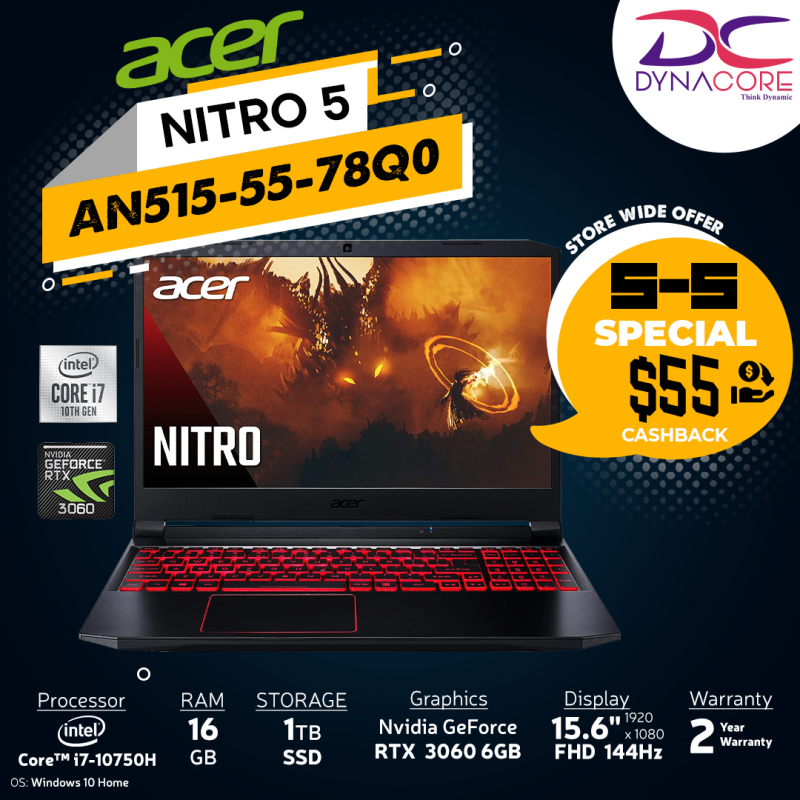 DYNACORE - ACER Nitro 5 AN515-55-78Q0 Gaming Laptop NH.QB2SG.007 i7-10750H | 16GB | 1TB M.2 NVMe SSD | NVIDIA GeForce RTX-3060 | 15.6 FHD 144HZ