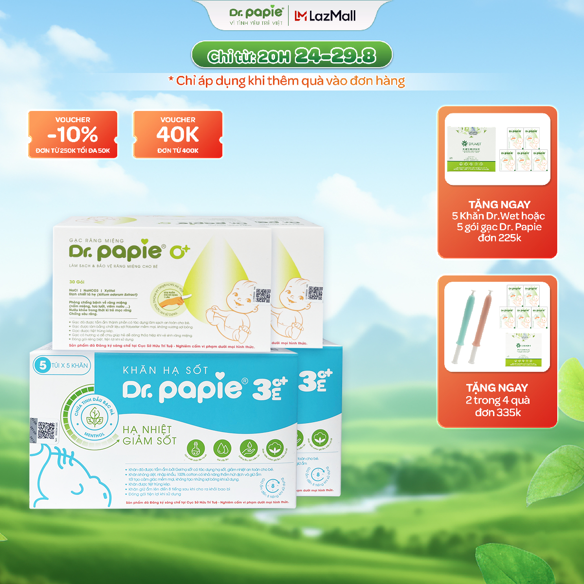 Combo Bộ 2 Khăn lau Hạ Sốt 3+ Và 2 Gạc Rơ Lưỡi DR. PAPIE Chăm Sóc Sức Khỏe Toàn Diện Cho Bé