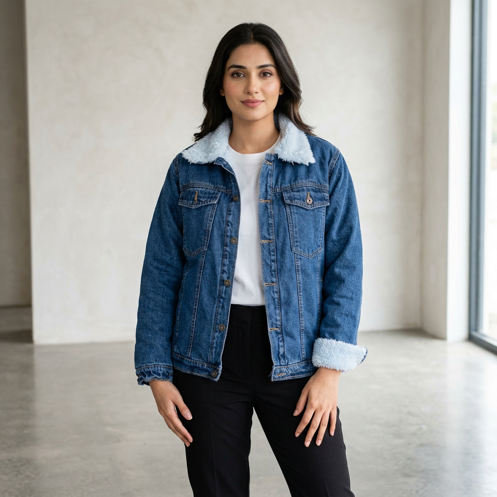 Stylish Denim Fur Jacket for Girls & Women – Winter Warm Jeans Jacket with Faux Fur Collar jacket