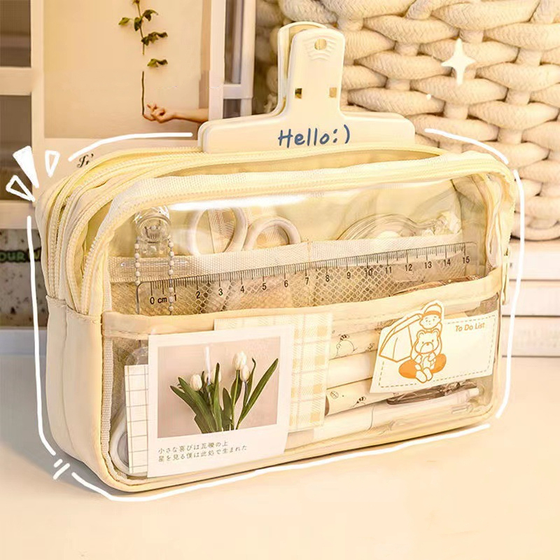 Kotak Pensil Transparan Aesthetic Pencil Case Large Tempat Pensil Pen Pouch Lucu Stationery Organizer