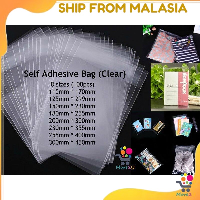 [8 Saiz] 100 keping Beg Plastik OPP Lekat Sendiri / 8 Saiz Beg Plastik Lutsinar OPP dengan Pita Pelekat / 100 pcs OPP Self Adhesive Plastic Bag/ 8 Sizes Clear OPP Plastics Bag with Tape adhesive