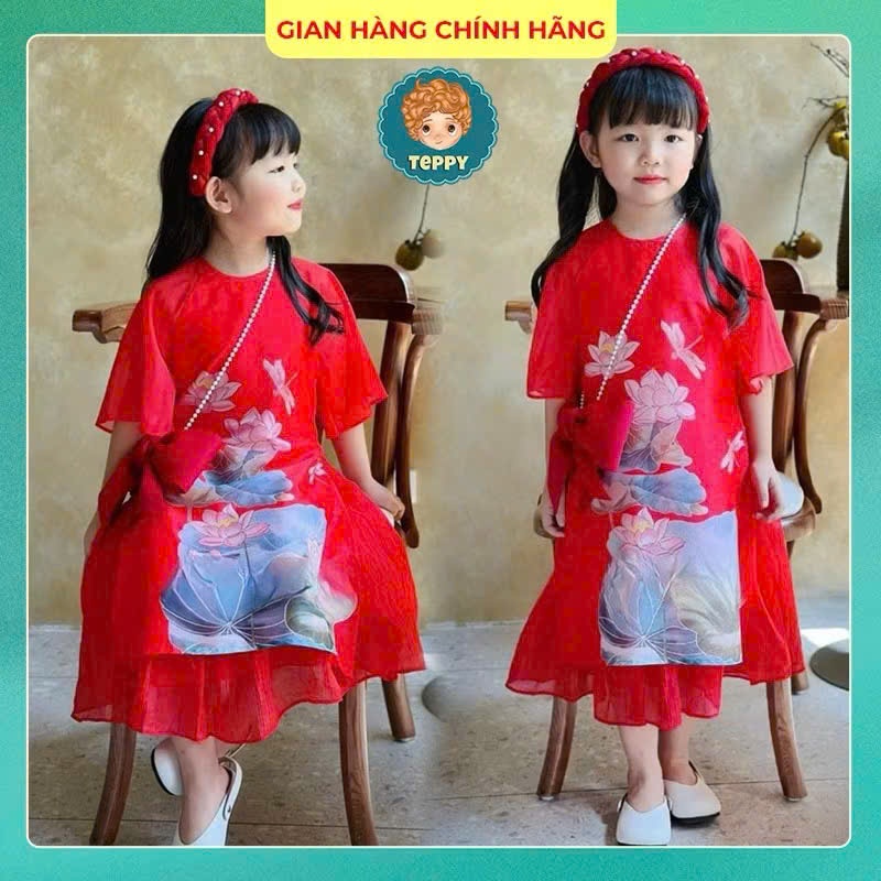 Áo dài cách tân mặc tết vải voan tơ cho bé (kèm chân váy)