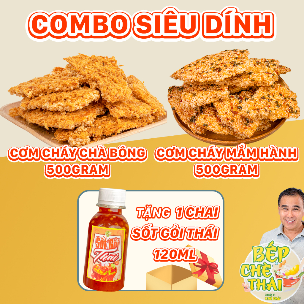 Combo siêu dính - 500gr cơm cháy chà bông + 500gr cơm cháy mắm hành - siêu ngon giòn rụm - kèm chai sốt gỏi thái 120ml