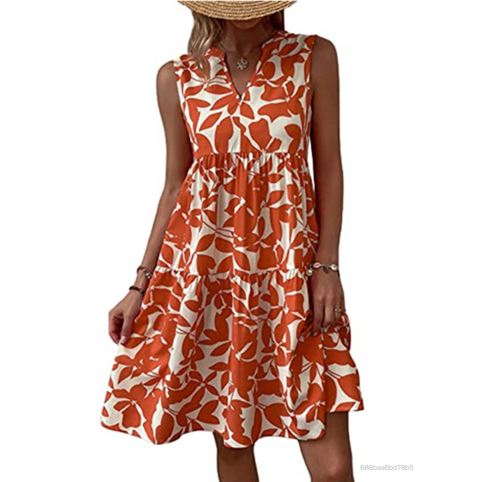 Váy in xếp nếp cổ chữ v của Bohemian cho phụ nữ TF-Hom-VN