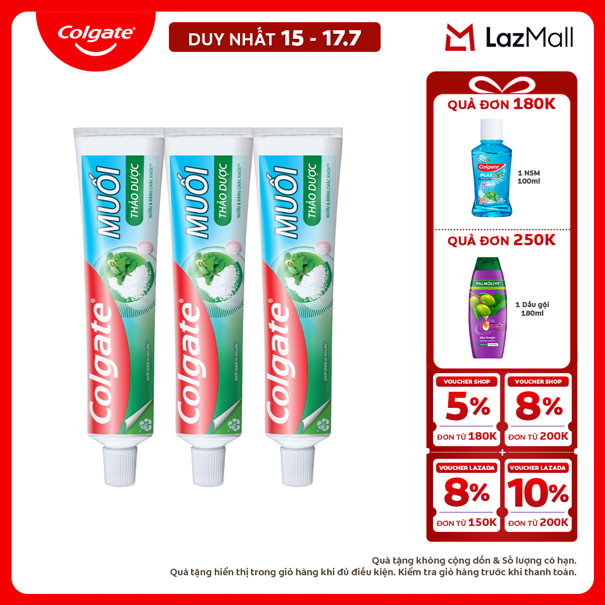 [Chỉ 15-17.7_X2 Voucher giảm đến 18%] Bộ 3 kem đánh răng Colgate bảo vệ nướu Muối Thảo Dược Herbal Salt 225gx3