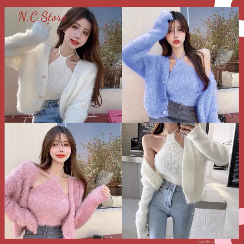 Set áo len lông thỏ cổ yếm + áo khoác cúc siêu xinh