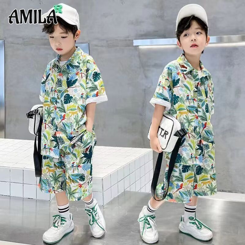 AMILA Children's Shirt, Boys Summer Tropical Printing Short Sleeve Shirt and Shorts Suit ราคา 256 บาท*ส่งฟรี