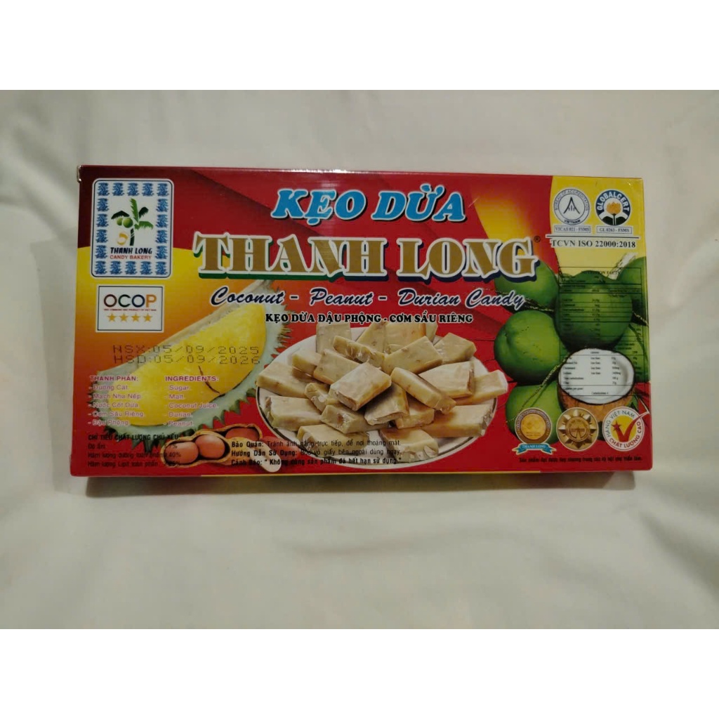 Hộp 500g kẹo dừa đậu phộng sầu riêng Thanh Long gói tay