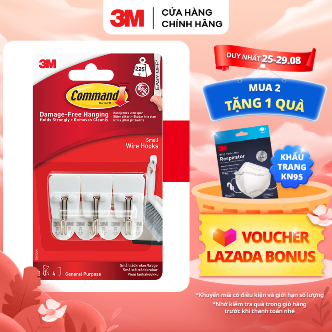 Móc dán tường đầu kim loại chịu lực 225g 3M™ Command™, 17067, đầu kim loại, bám cực chắc, chịu lực 225g, vỉ 3 cái