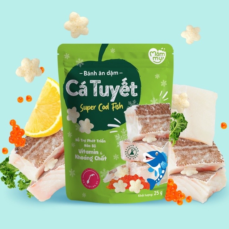 Bánh ăn dặm vị cá tuyết Mămmy giàu protein, bổ sung DHA giúp bé ăn ngon, tập cử động ngón tay 25 gr