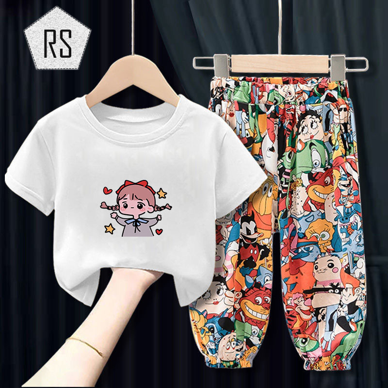 REALSELF เสื้อผ้าเด็กผญ เสื้อยืดเด็กผญ ลายสาวน้อยน่ารัก เสื้อแขนสั้นคอกลมผ้าฝ้ายสําหรับเด็ก + กางเกงขายาว24314 ราคา 159 บาท*ส่งฟรี