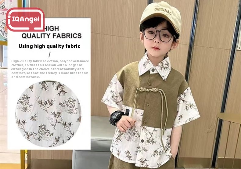 IQANGEL Children's Suit, Boy's Chinese Fashion Short-Sleeved Suit, Button-down Color Matching Shirt and Shorts Two-Piece Suit, Soft, Comfortable and Cool ราคา 347 บาท*ส่งฟรี