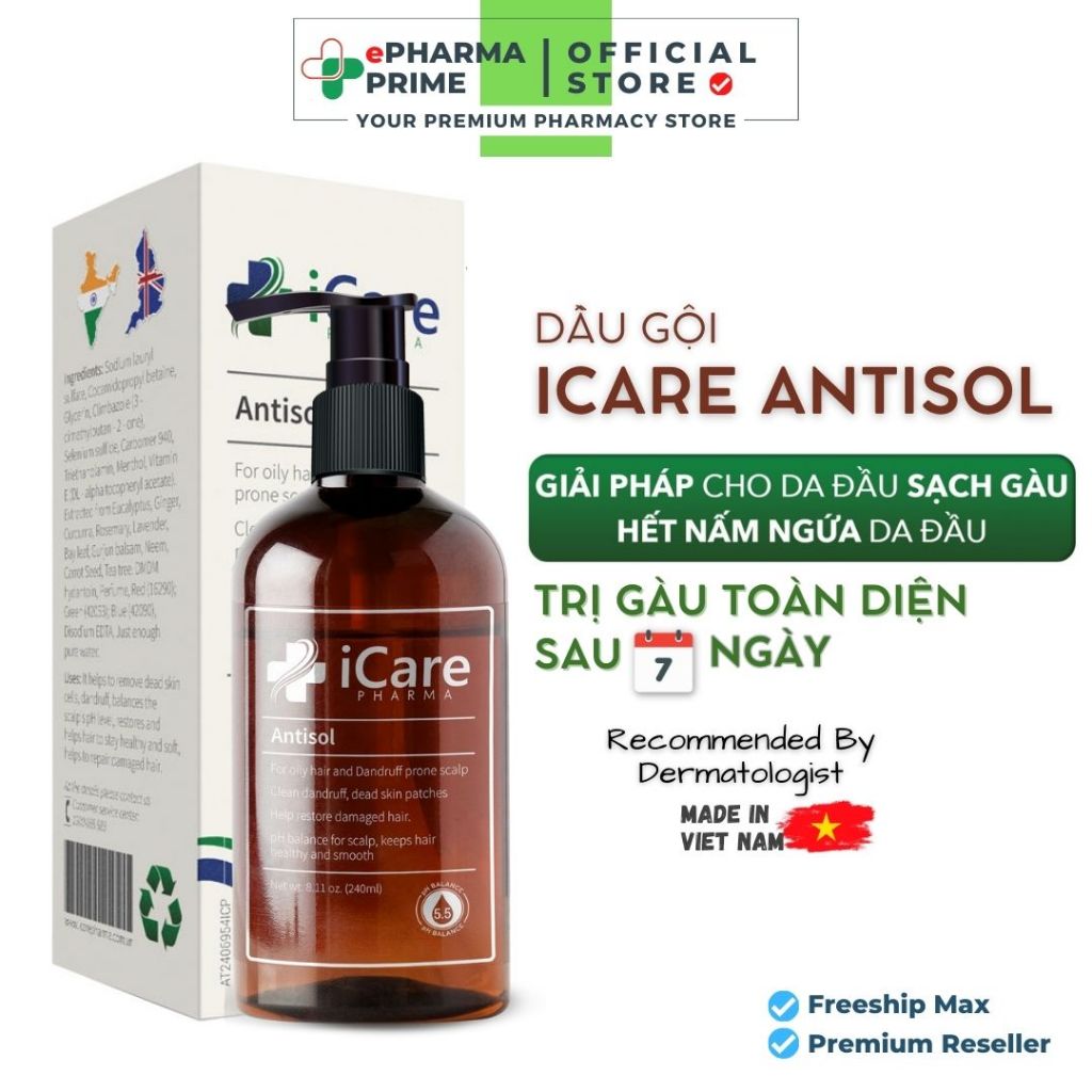 Dầu Gội iCare Pharma Antisol Dược Liệu PH 6.5 Giúp Làm Sạch Gàu, Giảm Ngứa 240ml