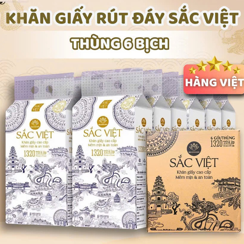 Thùng 6 Bịch Giấy Rút Treo Tường Sắc Việt 1320 Tờ 4 Lớp Mềm Mịn,Thành Phần Bột Gỗ Tự Nhiên 100% AILEE
