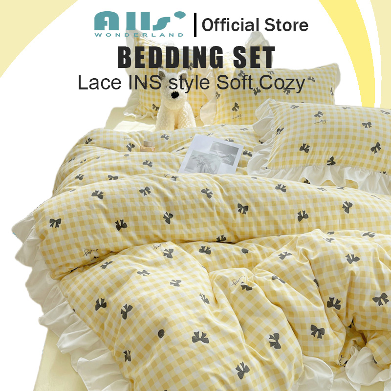 Alls' Wonderland Bow Solid color Plaid Bedding Set 4 in 1 Bedsheet Set With Lace Duvet Cover Set Single Queen King ราคา 875 บาท*ส่งฟรี