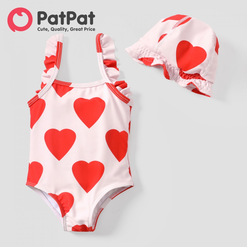 PatPat 2pcs Baby Toddler Sweet Heart-shaped Ruffled Swimsuits Set