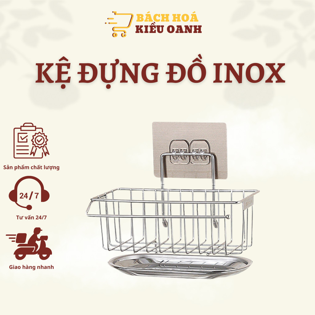 Kệ Inox Để Đồ Rửa Bát Dán Tường Kèm Khay Hứng Nước, Móc Treo Khăn Đa Năng - Giá Để Đồ Rửa Bát - Bách Hóa Kiều Oanh