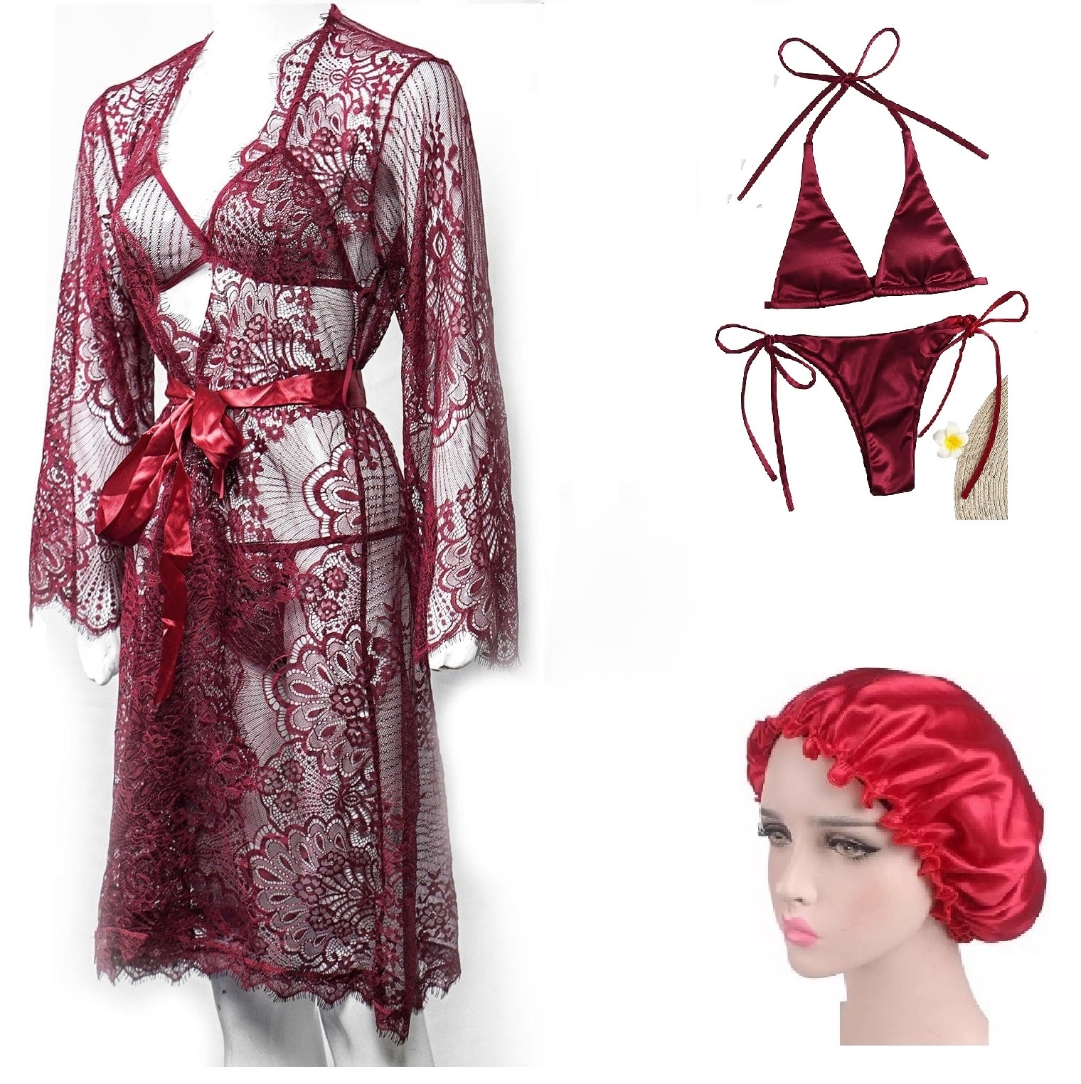 Pack of 04 - High Qaulity Lace Net See Through Bridal Nighty Set Pratiharye Valentine Special! Babydoll Nightwear Net Robe/Chemise with Bikini Set | Hot & Saxy | for Honeymoon/First Night Anniversary for Women/Girls Best gift with Night Cap