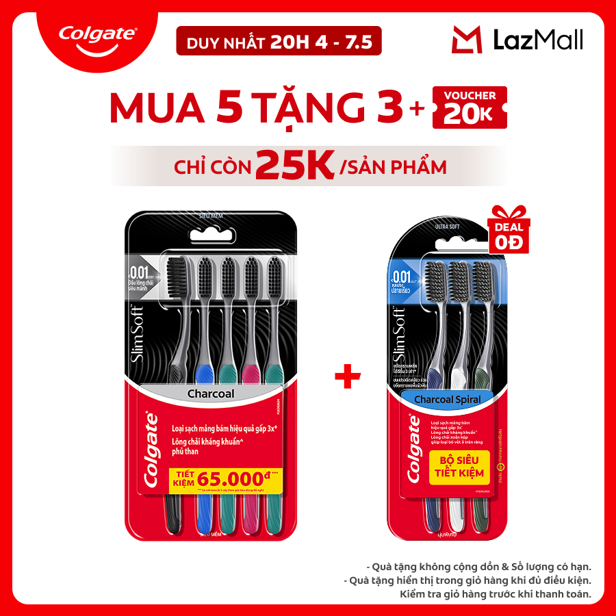 [Chỉ 25-29.4_Mua 5 tặng 3] Bộ 5 Bàn chải Colgate SlimSoft Charcoal than hoạt tính kháng khuẩn siêu mềm mảnh