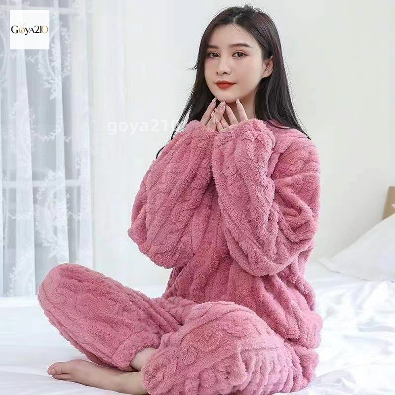 Bộ Đồ Ngủ Dày Lông Cừu San Hô Của Phụ Nữ Mùa Thu Và Mùa Đông, Bộ Đồ Cardigan Thời Trang Dài Rộng Rãi Flannel Dễ Thương