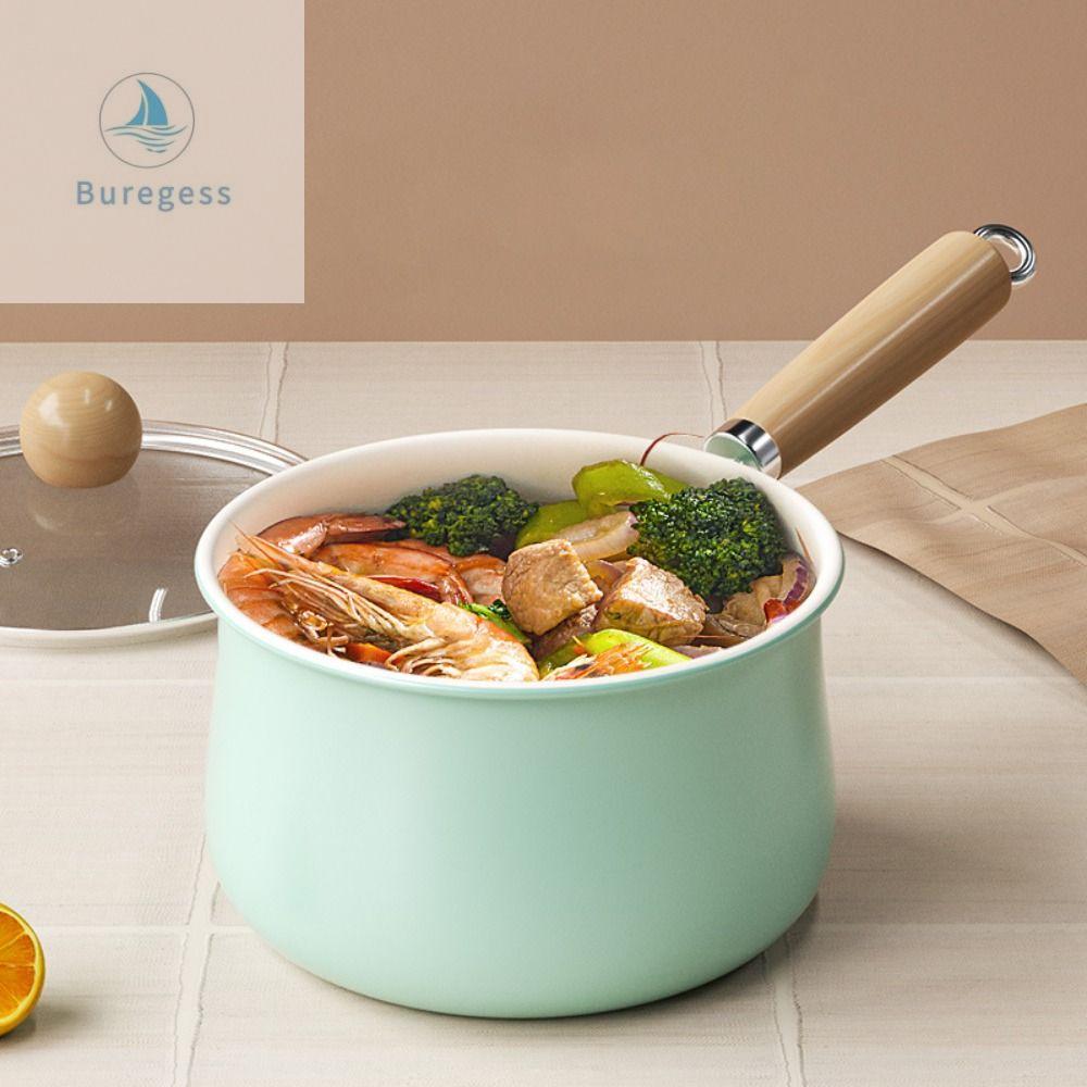 BUREGESS mini Nồi sữa tráng men gốm Không dính có nắp Nồi súp Nồi mì Tay cầm gỗ Nồi nấu Cháo
