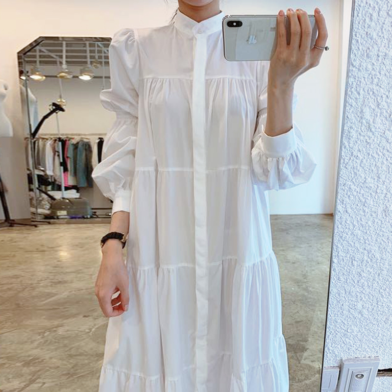 Hàn Quốc Chic Kiểu Pháp Khí Chất Cổ Áo Khuy Một Hàng Dáng Suông Rộng Nhăn Quan Tay Bồng Áo Sơ Mi Đầm Váy Dài Nữ