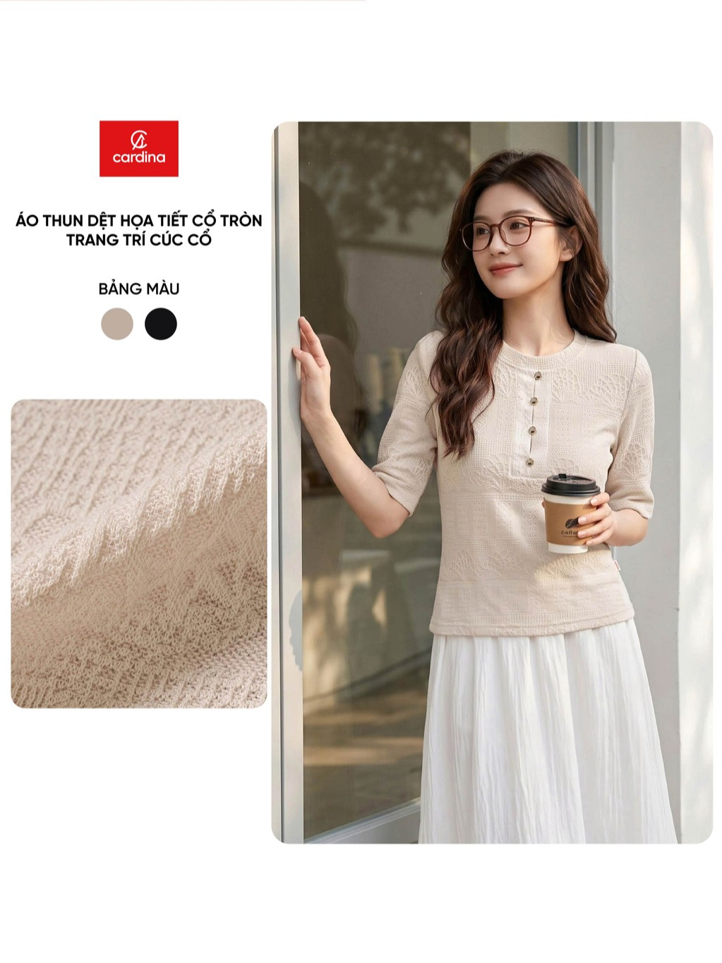 Áo thun nữ CARDINA chất liệu thun dệt họa tiết cổ tròn trang trí cúc cổ 6ATC45