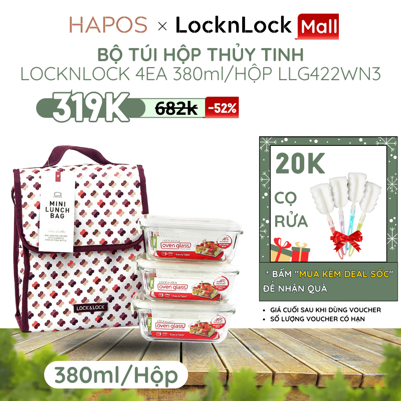 Bộ hộp cơm thủy tinh LocknLock có túi LLG422WN3  - HAPOS OFFICIAL