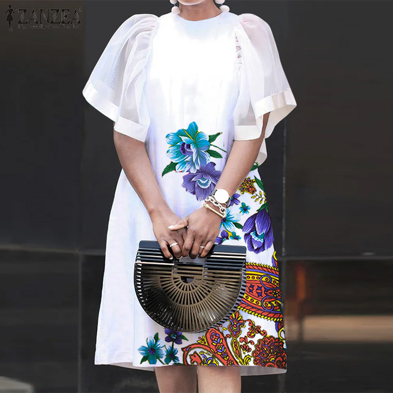 Momonaco ZANZEA Đầm in hoa Đầm nữ lưới ngắn tay phồng thường nhật ghép mảnh Đầm midi dáng rộng
