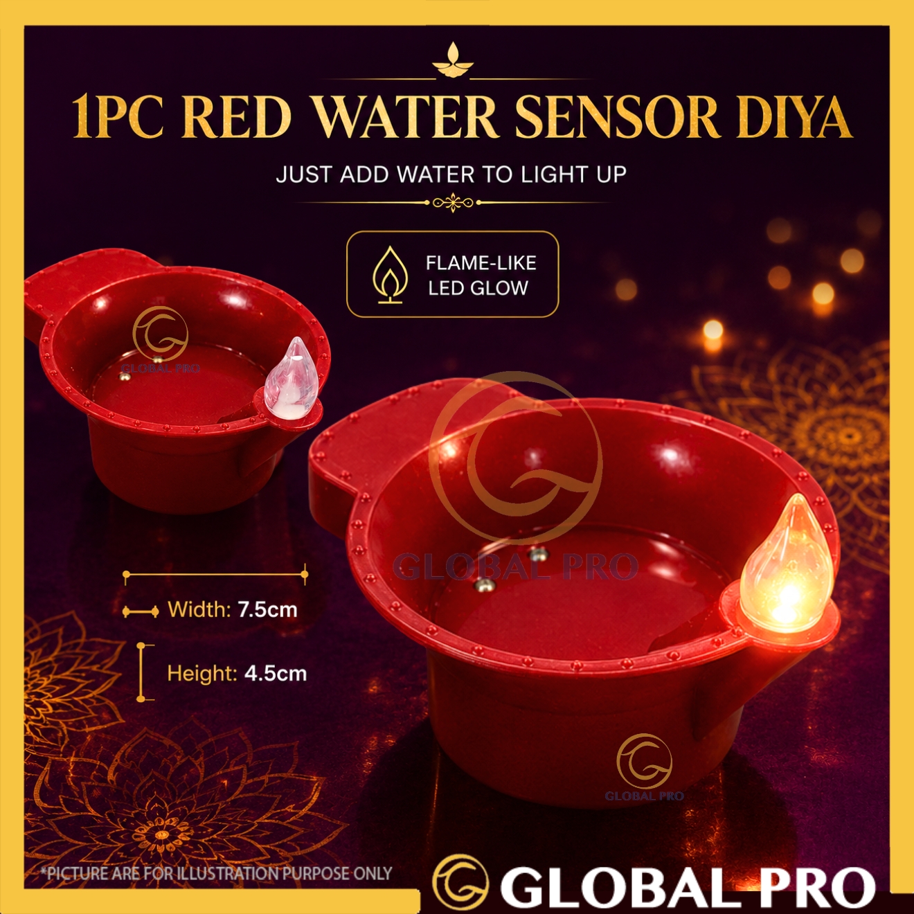 1PC LED Red/Gold Deepavali Flameless Water Sensor Diya Lamp Warm Light Lampu Hiasan Diwali Oil Lamp for Indoor Decor