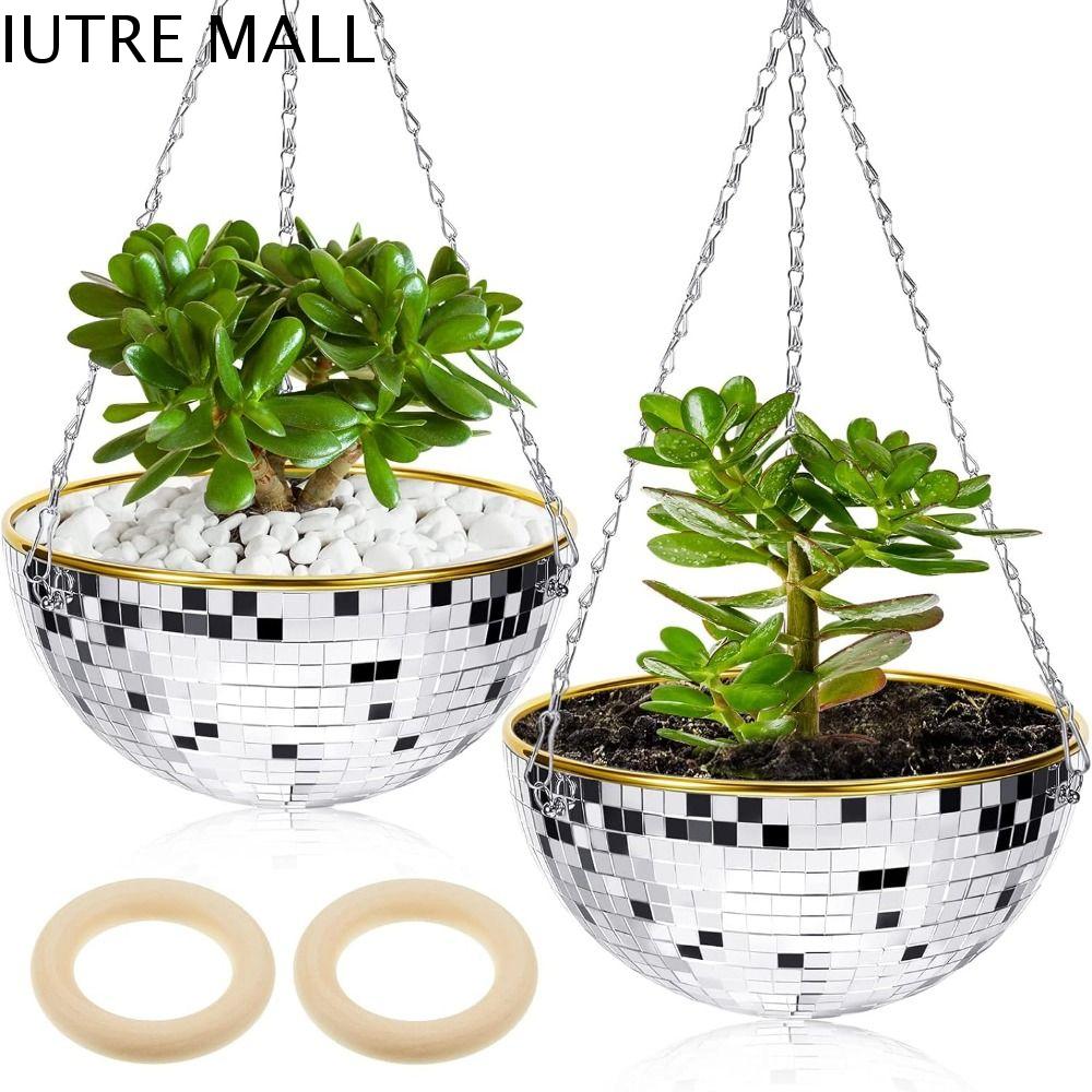 IUTRE Dây chuyền Chậu Hoa Treo Gương kính Đế Gỗ Giỏ Treo cây Đẹp Bền Chậu trồng hoa quả cầu Disco Cây trong nhà