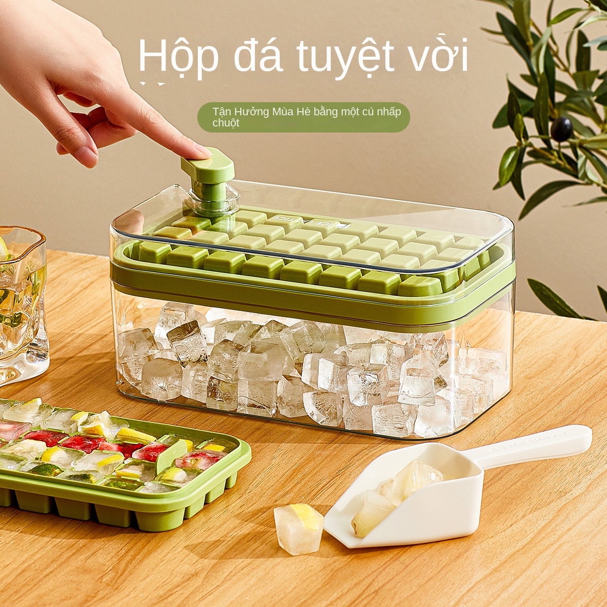Ice Cube Silicone Press Ice Box Single và Double Layer Square Ice Cube Khuôn di động Công suất lớn Ice Cube Ice lưu trữ hộp với nắp đậy