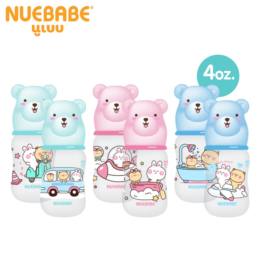 Nuebabe ขวดนมทรงเอวฝาครอบหมี 4 oz. (แพ็ก 3 ขวด) - ยี่ห้อ Nuebabe ราคา 109 บาท*ส่งฟรี