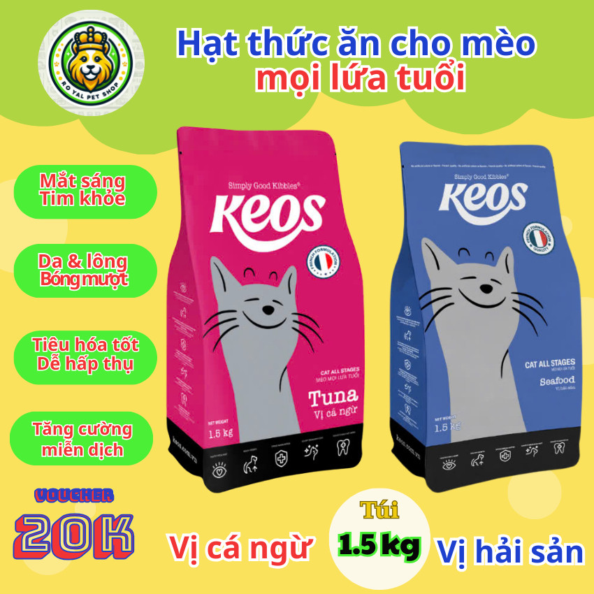 Thức ăn hạt cho mèo KEOS túi 1.5KG  vị Hải Sản và Cá Ngừ tăng cường miễn dịch, tốt cho hệ tiêu hóa